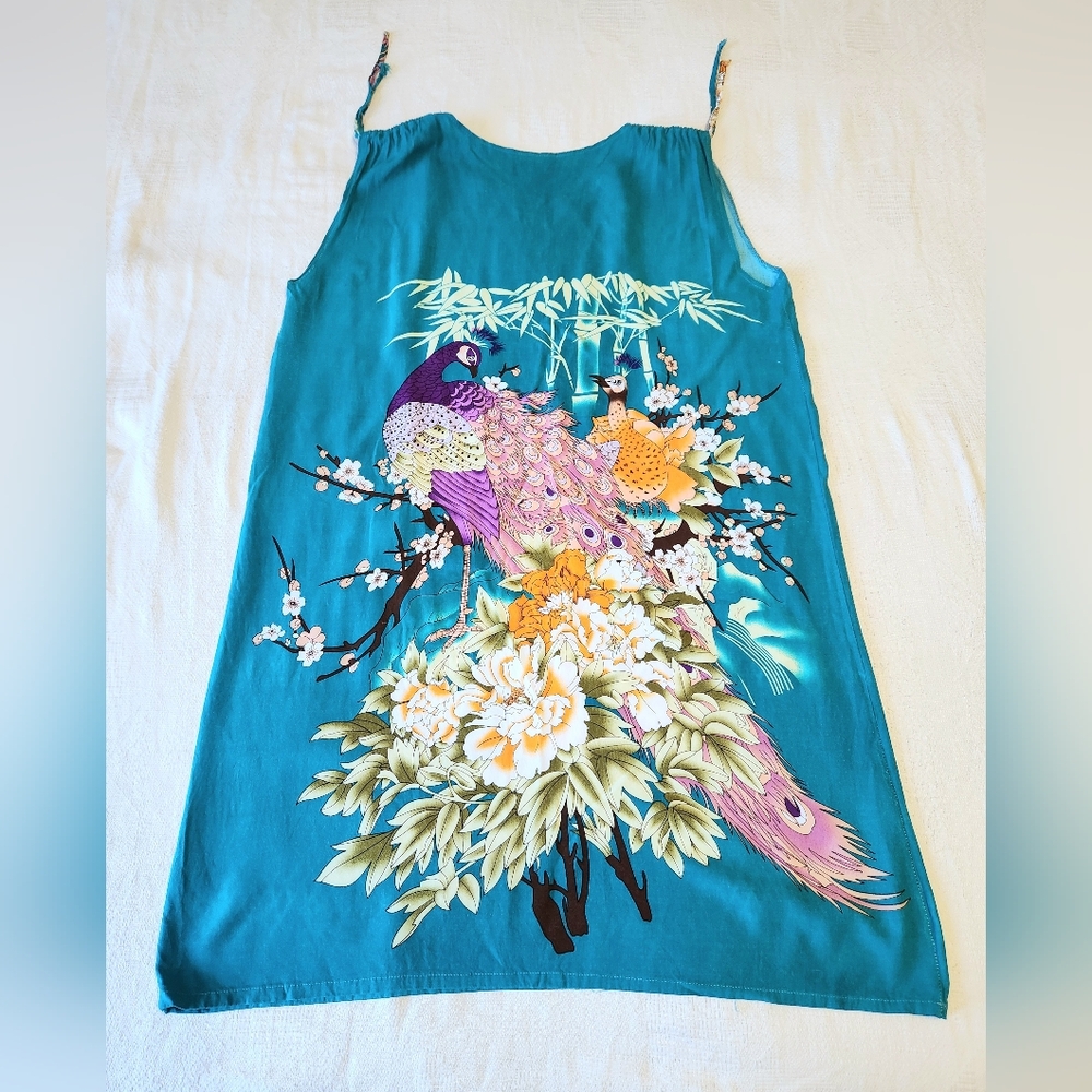 Teal Peacock Print Tunic Midi Dress🦚95% Cotton - Picture 2 of 8
